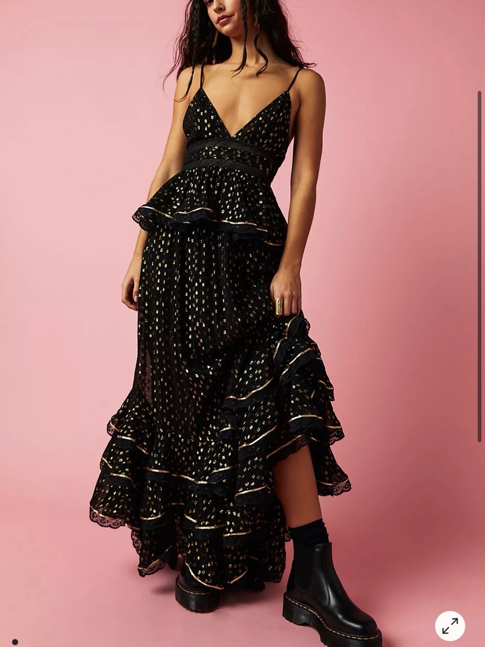 Rococo Sand Black Lace-Trim Tiered Maxi Dress